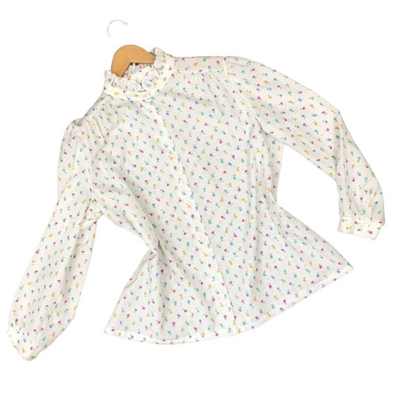 SOLD Vintage 70s 80s Ditsy Floral Button Up High Ruffle Neck Blouse size L - Picture 1 of 7